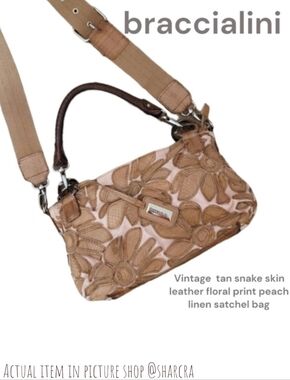 Vintage braccialini Women tan snake skin leather Floral peach linen satchel bag